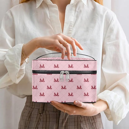 Large Makeup Bag Travel Cosmetic Bags for Women Pink Cute Plaid Checkered Geometric Makeup Organizer Case Toiletry Bag for Girls Traveling Wide Open Portable Pouch with Handle