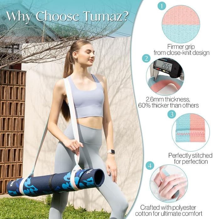 Tumaz Yoga Mat Strap [MAT NOT Included] (2 Sizes) with Extra Thick & Comfy Delicate Texture, Adjustable Yoga Mat Carrier