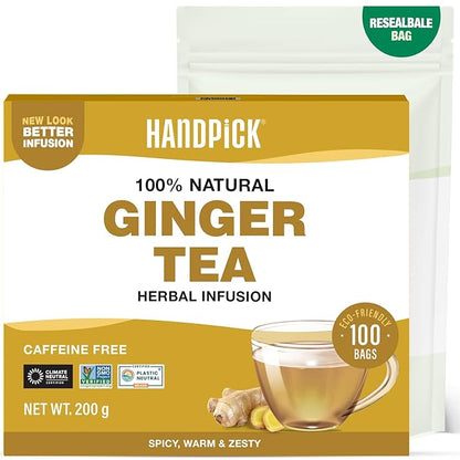 HANDPICK, Ginger Tea Bags, Caffeine Free & 100% Pure Ginger Root | Soothing & Spicy Blend | Round Eco Conscious Teabags