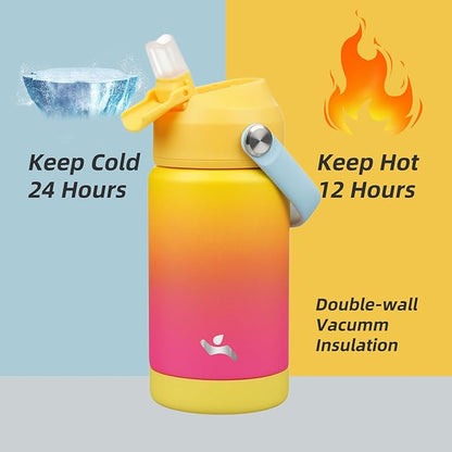 Insulated Water Bottle with Straw Lid,12 oz Stainless Steel Vacuum Metal Bottle with Silicone Handle,Rainbow