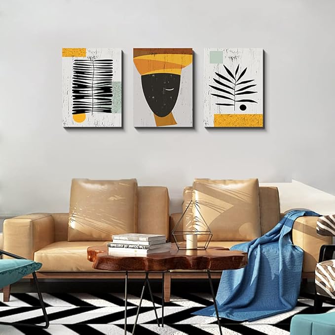 Framed Canvas Wall Art African Ethno Motive Wall Art Set, Abstract Ethno Art, African American Woman Portrait, Black Orange Print, Contemporary Collage, Minimalist (S-3pcs,24x36inchx3pcs)