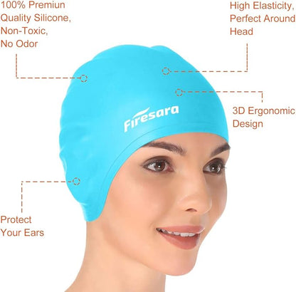 Firesara Swim Cap, Original Updated Swimming Cap 3D Ergonomic Design Comfortable Durable Ear Protection for Women Kids Men Adults Boys Girls for Long or Short Hair with Nose Clip and Ear Plugs