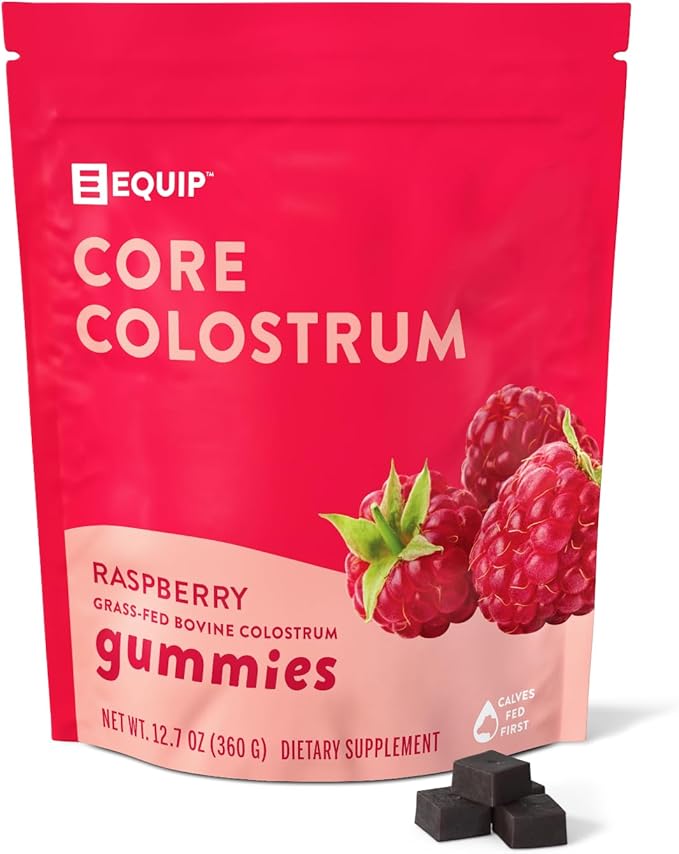 Equip Foods Core Bovine Colostrum Gummies - Delicious 1g Per Seving Grass Fed Colostrum Supplement - Gut Health, Immunity, Recovery, Hair & Skin - 60 Bovine Colostrum Gummies, 30 Servings, Raspberry