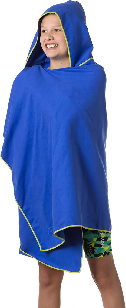 Flow Hydro Sport Towel - Microfiber Quick Dry Swimming Towels for Swim, Pool, Triathlon, and Other Water Sports in Medium, Large, Extra Large, and Hooded Sizes (Blue, Large w/Hood)