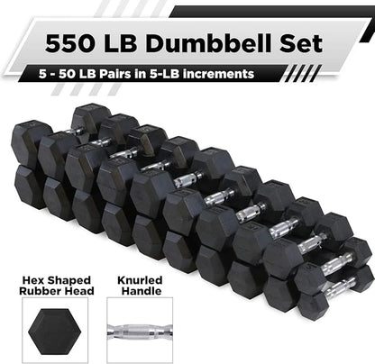 WF Athletic Supply Rubber Coated Hex Dumbbell Set, Multiple Choices Available - Dumbbells with Rack Stand and Mat, or Dumbbells Only (200/550/1200/2100/3000 LB)