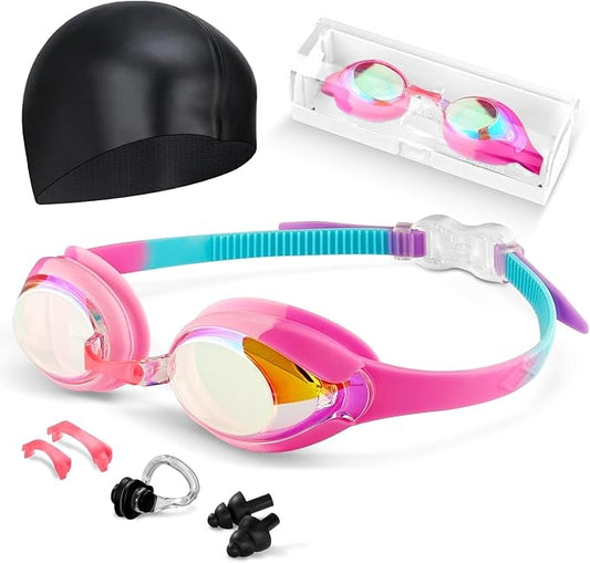 Kids Swim Goggles, Anti-fog and UV Protection with Swim Cap for Age 3-15 Youth Boys Girls Toddler