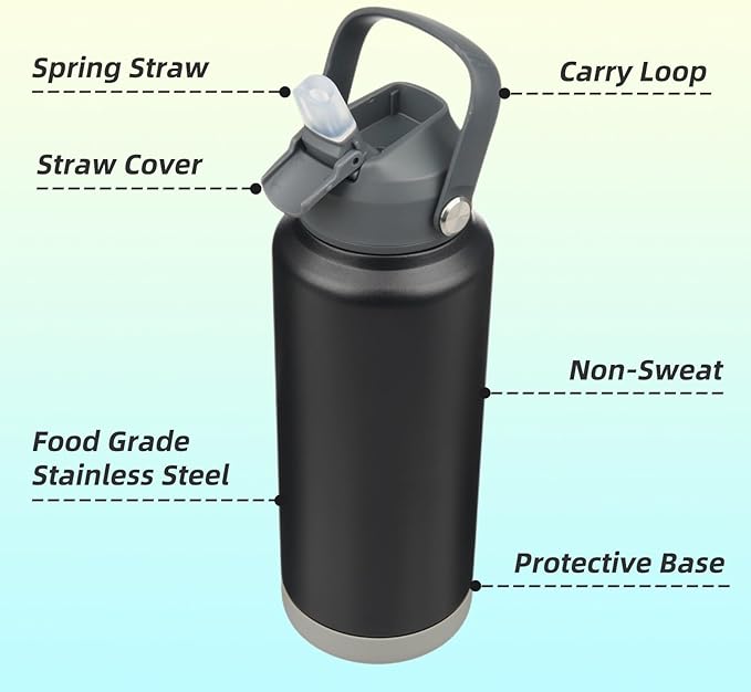 Insulated Water Bottle with Straw Lid,32 oz Stainless Steel Vacuum Metal Bottle with Silicone Handle,Black