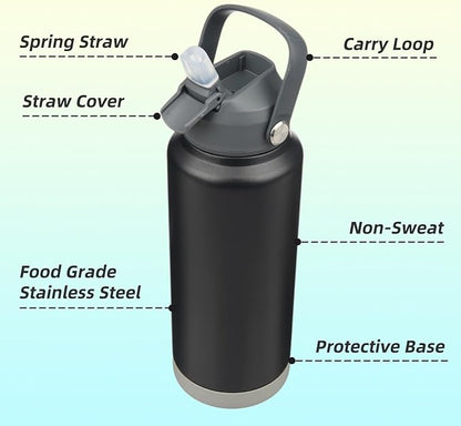 Insulated Water Bottle with Straw Lid,32 oz Stainless Steel Vacuum Metal Bottle with Silicone Handle,Black