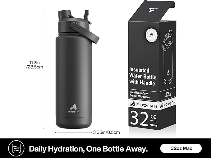 32 oz Insulated Water Bottle with 2-in-1 Straw and Spout Lid, Keep Cold 24H, Leak-Proof, BPA-Free, Double Wall Stainless Steel Water Bottle for Sports, Gym, Travel, and School (Dark Knight)
