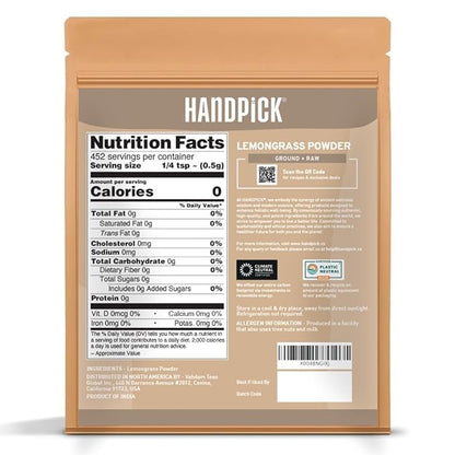HANDPICK Lemongrass Powder (226g/8oz) Non GMO, Gluten Free, 100% Raw, Sourced from India, For Cooking, Smoothies, Tea, Packed in Resealable Ziplock Pouch