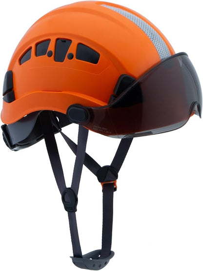 Hard Hats Construction Safety Helmet with Visor ANSI Z89.1 Approved OSHA Hardhat, LOHASPRO Vented Men Work Hard Hat with Chin Strap Tree Climbing Arborist Helmet (P4 Orange+Smoked Visor)
