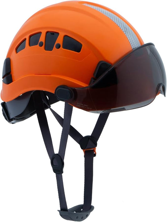 Hard Hats Construction Safety Helmet with Visor ANSI Z89.1 Approved OSHA Hardhat, LOHASPRO Vented Men Work Hard Hat with Chin Strap Tree Climbing Arborist Helmet (P4 Orange+Smoked Visor)