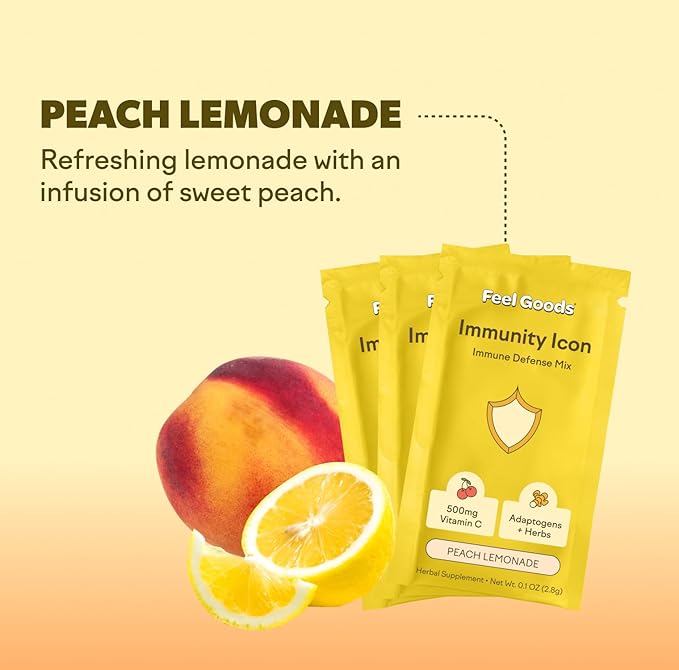 Feel Goods Immunity Icon, Zero Sugar, Vitamin C, A, B, D, E & Zinc, Organic Elderberry, Ashwagandha, Drink Mix Powder, Vegan, Non GMO, Caffeine & Gluten Free | Peach Lemonade, 15 Count