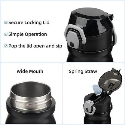 Insulated Water Bottle with Straw and Carry Loop,18 oz Stainless Steel Double Wall Vaccum Metal Water Flask with Leak-proof Lid,Black