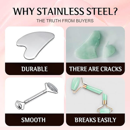 Gua Sha Facial Tools and Face Roller Set, Lymphatic Drainage Massager，Stainless Steel Facial Sculpting Eyes Roller Guasha for Face, Chin & Jawline Sculpting,Skin Care