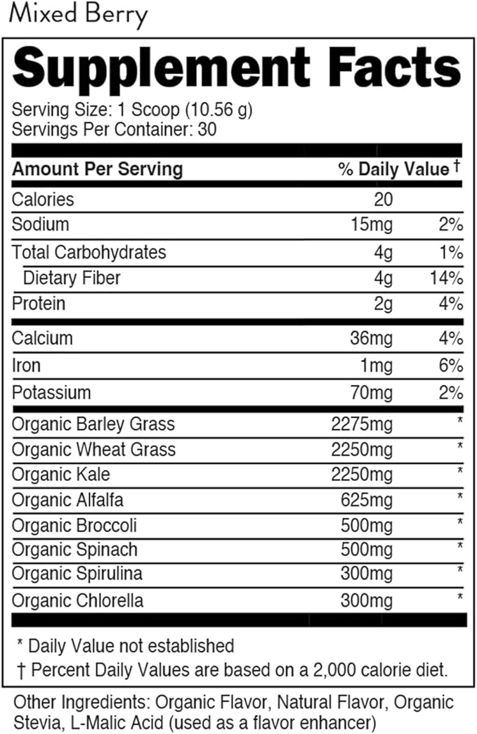 Greens Superfood Powder Mixed Berry | 8 Most Essential Mixed Greens | Certified 100% Organic | Chlorella, Spinach, Kale, Spirulina, Alfalfa, Broccoli, Wheat Grass, & Barley Grass | 30 SERV | 11.17 OZ
