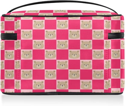Large Makeup Bag Travel Cosmetic Bags for Women Pink Cute Checkered Plaid Bear Animal Makeup Organizer Case Toiletry Bag for Girls Traveling Wide Open Portable Pouch with Handle
