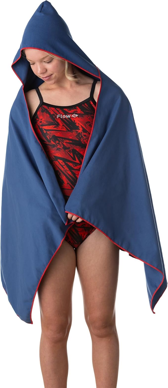 Flow Hydro Sport Towel - Microfiber Quick Dry Swimming Towels for Swim, Pool, Triathlon, and Other Water Sports in Medium, Large, Extra Large, and Hooded Sizes (Navy, Large w/Hood)