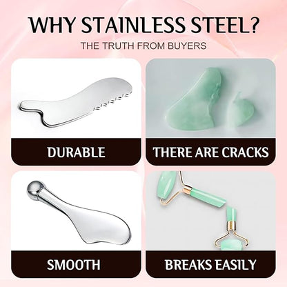 Gua Sha Facial Tools and Face Roller Set, Lymphatic Drainage Massager，Stainless Steel Facial Sculpting Eyes Roller Guasha for Face, Chin & Jawline Sculpting,Skin Care (White)