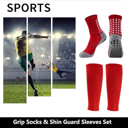 2 Set Anti-Slip Grip Soccer Socks with Shin Guard Sleeves, Sports Athletic Socks for Men Women