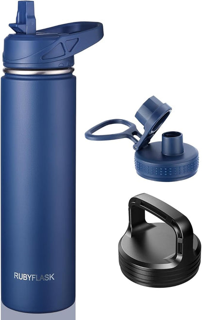 24oz Insulated Water Bottle with Straw, Stainless Steel Metal Vacuum Water Flask, Large Thermal Water bottle with Leakproof 3 Lids for Travel, Camping, Gym Sports Navy