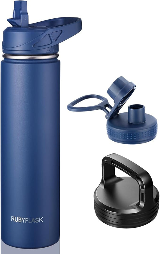 24oz Insulated Water Bottle with Straw, Stainless Steel Metal Vacuum Water Flask, Large Thermal Water bottle with Leakproof 3 Lids for Travel, Camping, Gym Sports Navy