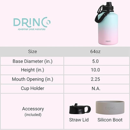 DRINCO Stainless Steel Water Bottle Spout Lid Vacuum Insulated Double Wall Water Bottle Wide Mouth (64oz 40oz 32oz 22oz 18oz 14oz) Leak Proof Keep Cold Sport Camping Hiking (64 oz, 64oz Macaron)