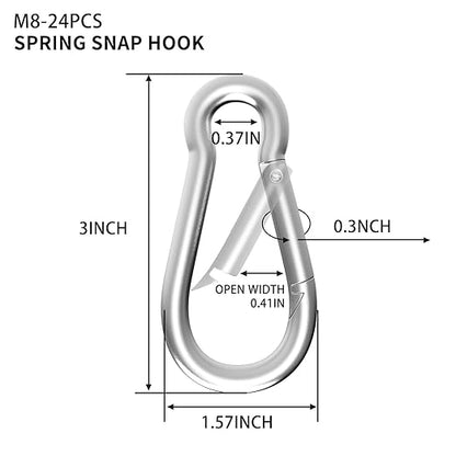 24PCS M8 Spring Snap Hook Carabiner, Heavy Duty Galvanized Steel 3Inch Carabiner Clip, 550LBS Holding Capacity Spring Clips for Hammock Swing Outdoor Travel