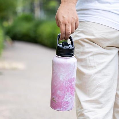40oz Insulated Water Bottle Stainless Steel Sport Bottles with 3 Lids,Marble Blossom