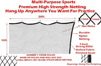 10ft, 15ft, 25ft Sports Practice Netting Sturdy Net Hitting Throwing Pitching Net 150LB Impact Hit Tested Nylon Mesh Netting for Golf, Baseball, Softball, Hockey, Soccer, LAX
