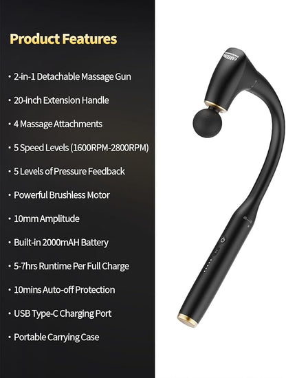 2-in-1 Detachable Percussion Massage Gun with Extension Handle, Back Massager for Pain Relief Deep Tissue Muscle Massager for Arm Shoulder Lower Back Thigh Waist, Gifts for Women, FSA-HSA Eligible