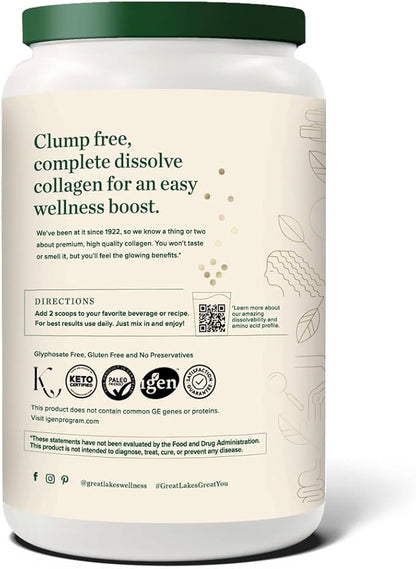 Great Lakes Wellness Bovine Collagen Peptides Powder for Skin, Hair, Nails, Joints & Digestion - Unflavored - Quick Dissolve Hydrolyzed, Non-GMO, Kosher - 32 oz