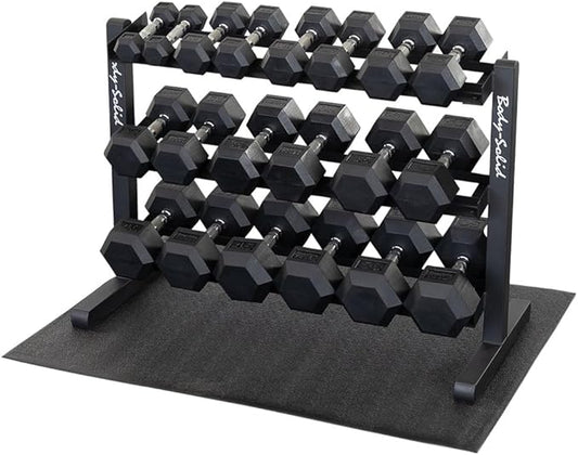 Body-Solid Dumbbell Rack with 20 Rubber 5-50 lb Dumbbells and Floor Mat, Commercial and Home Gym Weight Rack Storage & Organizer Stand, Midnight Black