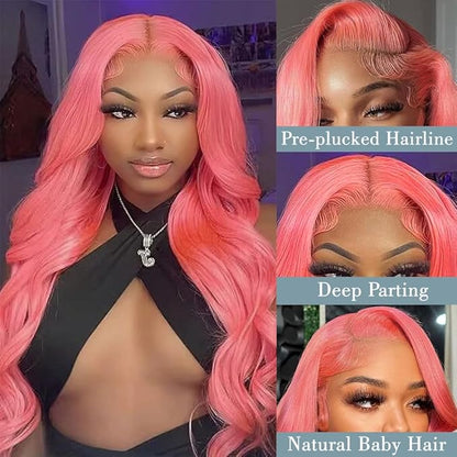 18 Inch Pink Lace Front Wig Human Hair 13x4 HD Lace Pink Body Wave Wig Human Hair Pre Plucked Colored Body Wave Wig Human Hair For Women 150% Density Strawberry Body Wave Lace Front Wig