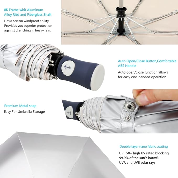 FDJASGY Silver Coating Layer Fabric Blocking UV 99.9% Sun Umbrella Compact Folding Travel Umbrella Automatic Folding Windproof Umbrellas For Men and Women (Beige)
