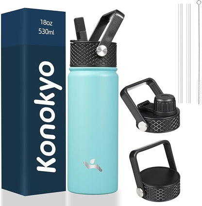 Insulated Water Bottle with Straw,18oz 3 Lids Metal Bottles Stainless Steel Water Flask,Turquoise