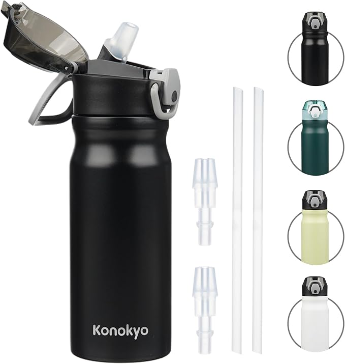 Insulated Water Bottle with Straw and Carry Loop,18 oz Stainless Steel Double Wall Vaccum Metal Water Flask with Leak-proof Lid,Black