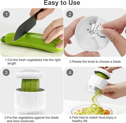 3 in 1 Vegetable Spiralizer Slicer, Adjustable Zucchini Carrot Noodle Maker, Cucumber Spiral Cutter, Easy to Use Kitchen Tool（White）