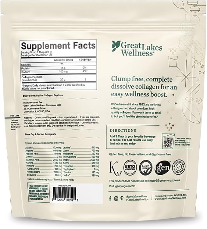 Great Lakes Wellness Collagen Peptides Powder for Skin, Hair, Nails, Joints & Digestion - Unflavored - Quick Dissolve Hydrolyzed, Non-GMO, Keto, Kosher - 4 lb. Value Pouch