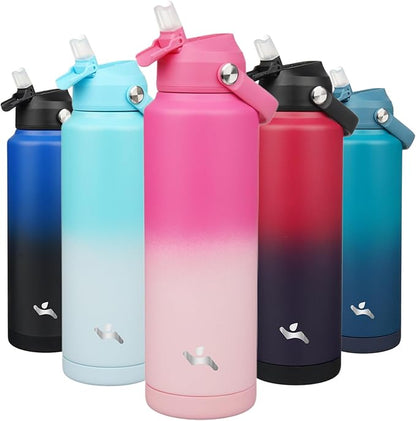 Insulated Water Bottle with Straw Lid,40 oz Stainless Steel Vacuum Metal Bottle with Silicone Handle,Cherry Blossom