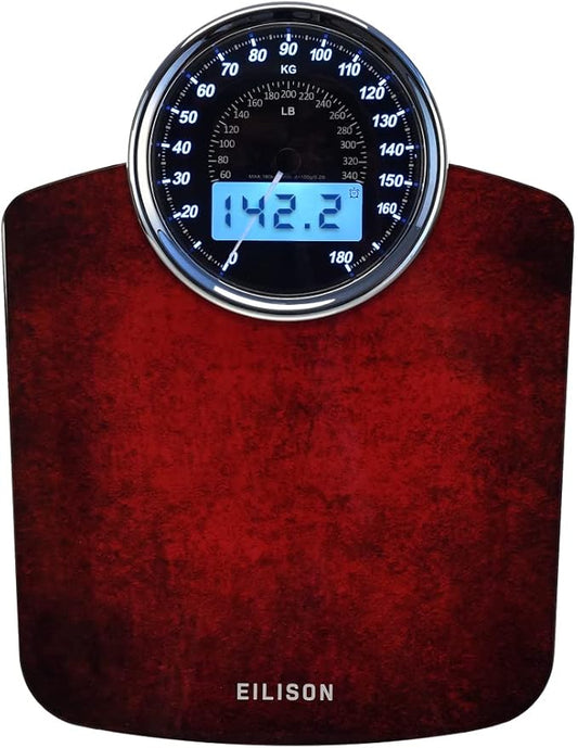 EILISON Highly Advance 2-in-1 Digital & Analog Weighing Scale for Body Weight-400lbs, 4 High Precison GX Sensor Accurate, Thick Tempered Glass, Extra Large Display (Red)