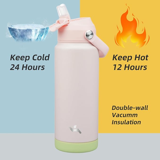 Insulated Water Bottle with Straw Lid,24 oz Stainless Steel Vacuum Metal Bottle with Silicone Handle,Pearl