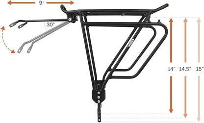 Ibera Bike Rack - Bicycle Touring Carrier Plus+ for Disc Brake/Non-Disc Brake Mount, Fat Tire Bikes, Frame-Mounted for Heavier Top & Side Loads, Height Adjustable for 26"-29" Frames