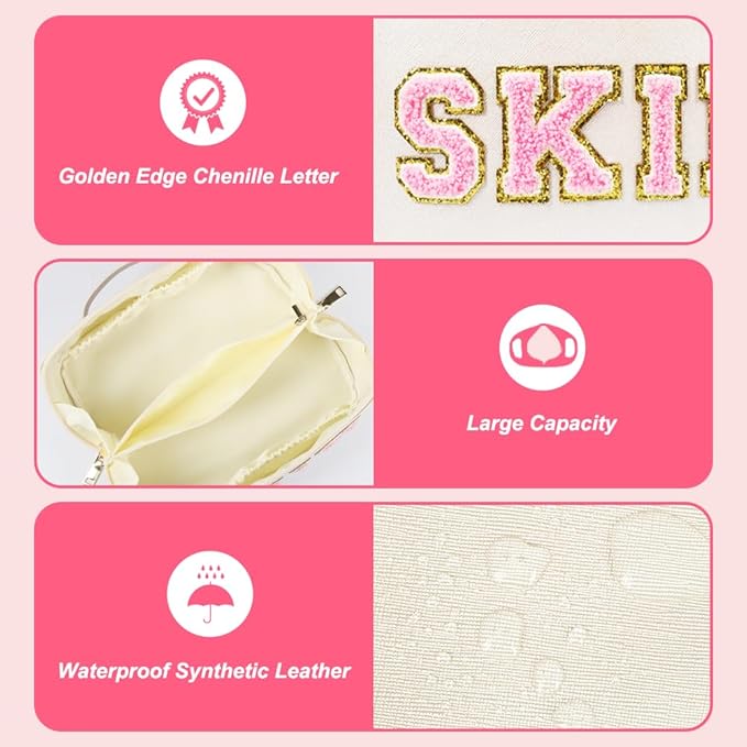 Large Capacity Travel Cosmetic Bag, Synthetic Leather Open Flat Makeup Bag for Women Letter Toiletry Bag with Dividers and Handle