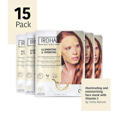 IROHA NATURE Brightening & Hydrating Face Mask with Pure Vitamin C and Hyaluronic Acid (Pack of 15) | Illuminates & Hydrates | Instant Results in 15 Minutes | 100% Biodegradable
