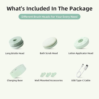 Electric Body Brush Back Scrubber for Shower, Waterproof Long Dual Handle Power Body Scrubber with 3 Heads, Rechargeable Bath Brush & 2 Speeds, for Cleansing, Exfoliating and Massaging Skin