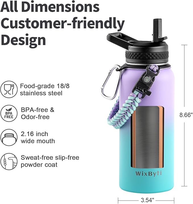 32 oz Insulated Water Bottle with Straw (Cold for 48 Hrs), Stainless Steel Triple Wall Vacuum Sports Water Jug, Leakproof Hydro Cup Flask with Paracord Handle & Straw Spout Lids & DIY Stickers