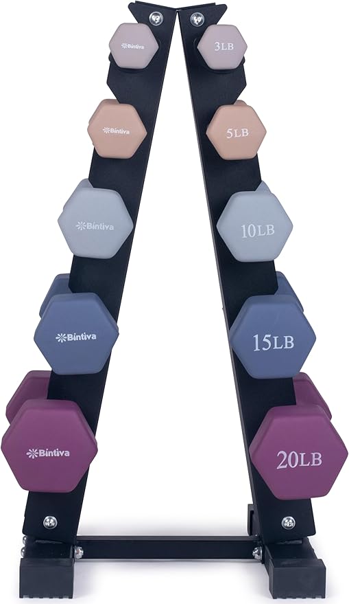 Dumbbell Set with Rack - Neoprene Coated Weights with Stand - Hex Color Coded Dumbell Pairs 1-20 LBs