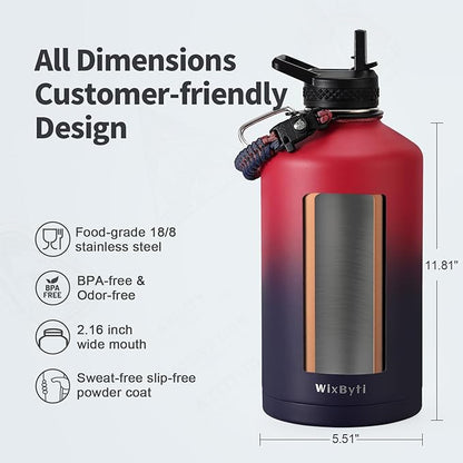 One Gallon Water Bottle Insulated, Triple Wall Vacuum Cold for 48 Hrs & Leak-proof & Non-BPA, 128oz Large Sports Stainless Steel Water Jug with Paracord Handle Straw Spout Lids & DIY Stickers