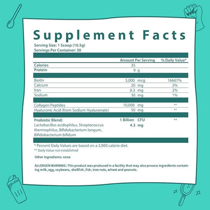 GOBIOTIX Collagen Powder Supplement with Probiotics - Hydrolyzed Protein Collagen Powder for Women - Hair Skin and Nails, Joint and Digestive Health - Collagen Peptides Type I and III - 30 Servings